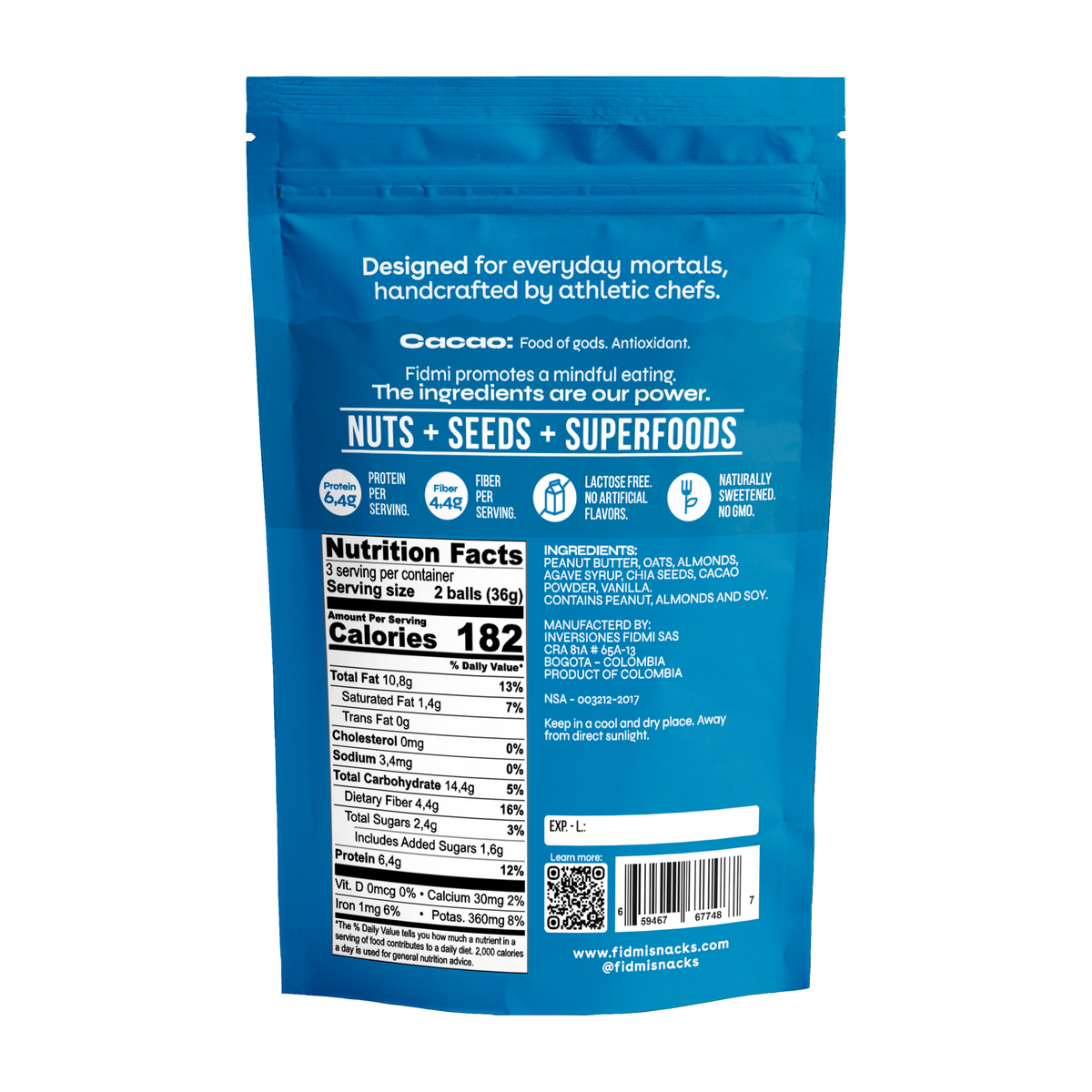 Fidmi PB Snack Cacao 108g sharepack, back with nutrition facts