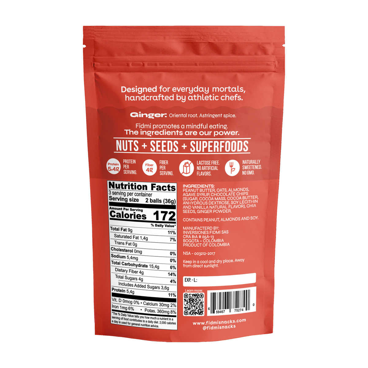 Fidmi PB Snack Ginger 108g sharepack, back with nutrition facts