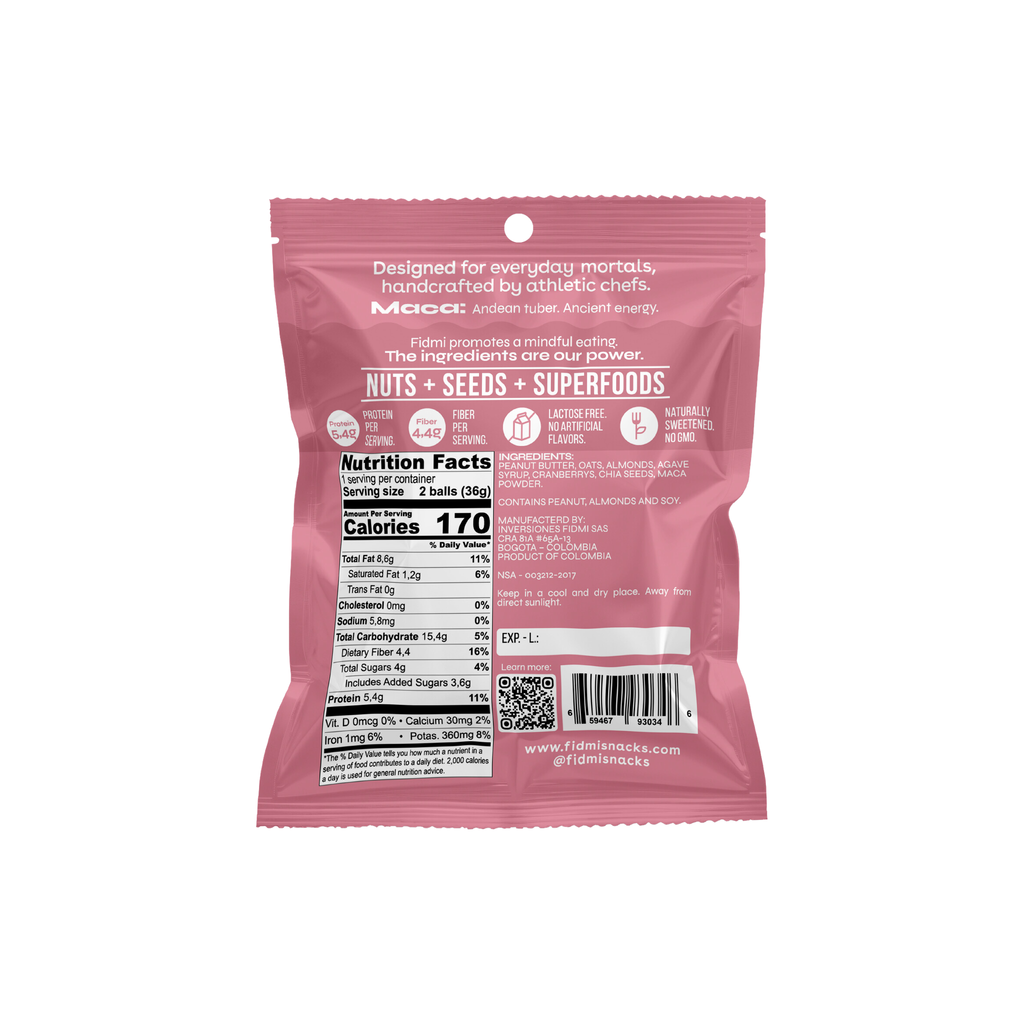 Fidmi PB Snack Maca & Cranberry 36g personal pack, back with nutrition facts