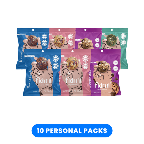 Fidmi PB Personal Pack assortment, box of 10 — Cookie Dough, Cacao, Maca & Cranberry and Spirulina