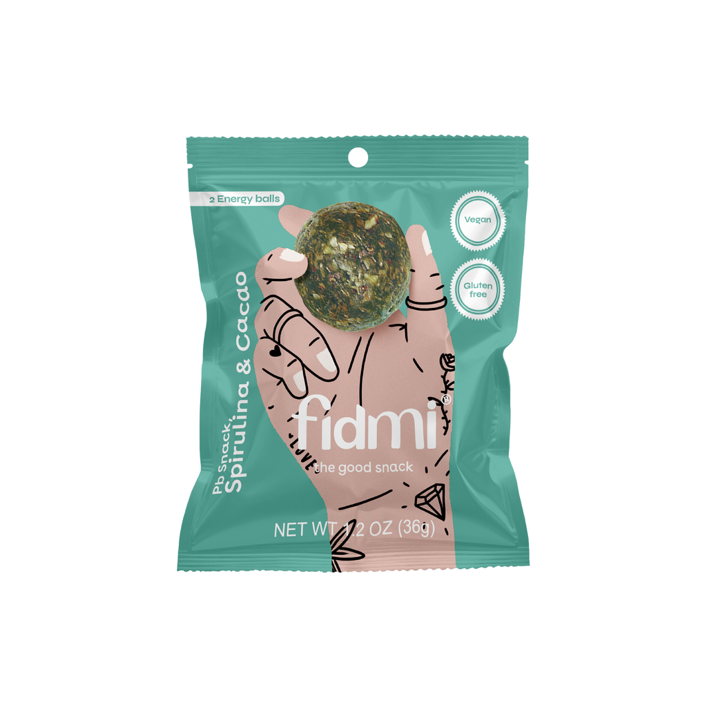 Fidmi PB Snack Spirulina & Cacao 36g personal pack, front of pouch