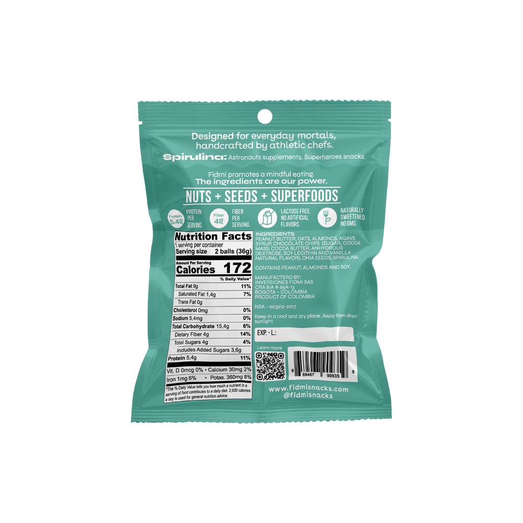 Fidmi PB Snack Spirulina & Cacao 36g personal pack, back with nutrition facts