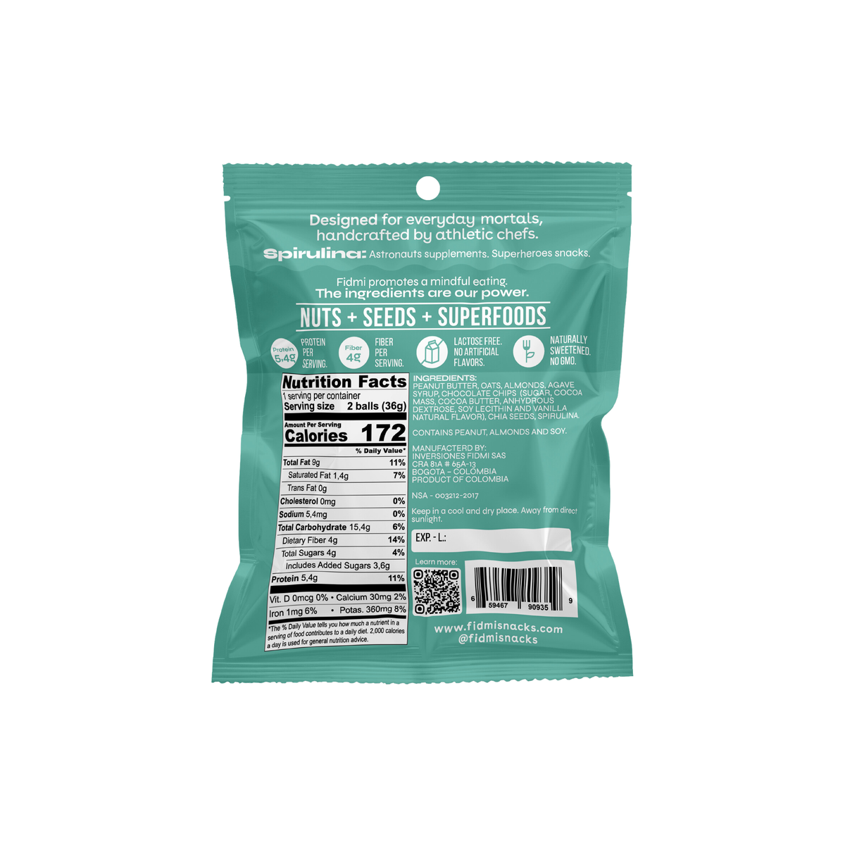 Fidmi PB Snack Spirulina & Cacao 36g personal pack, back with nutrition facts
